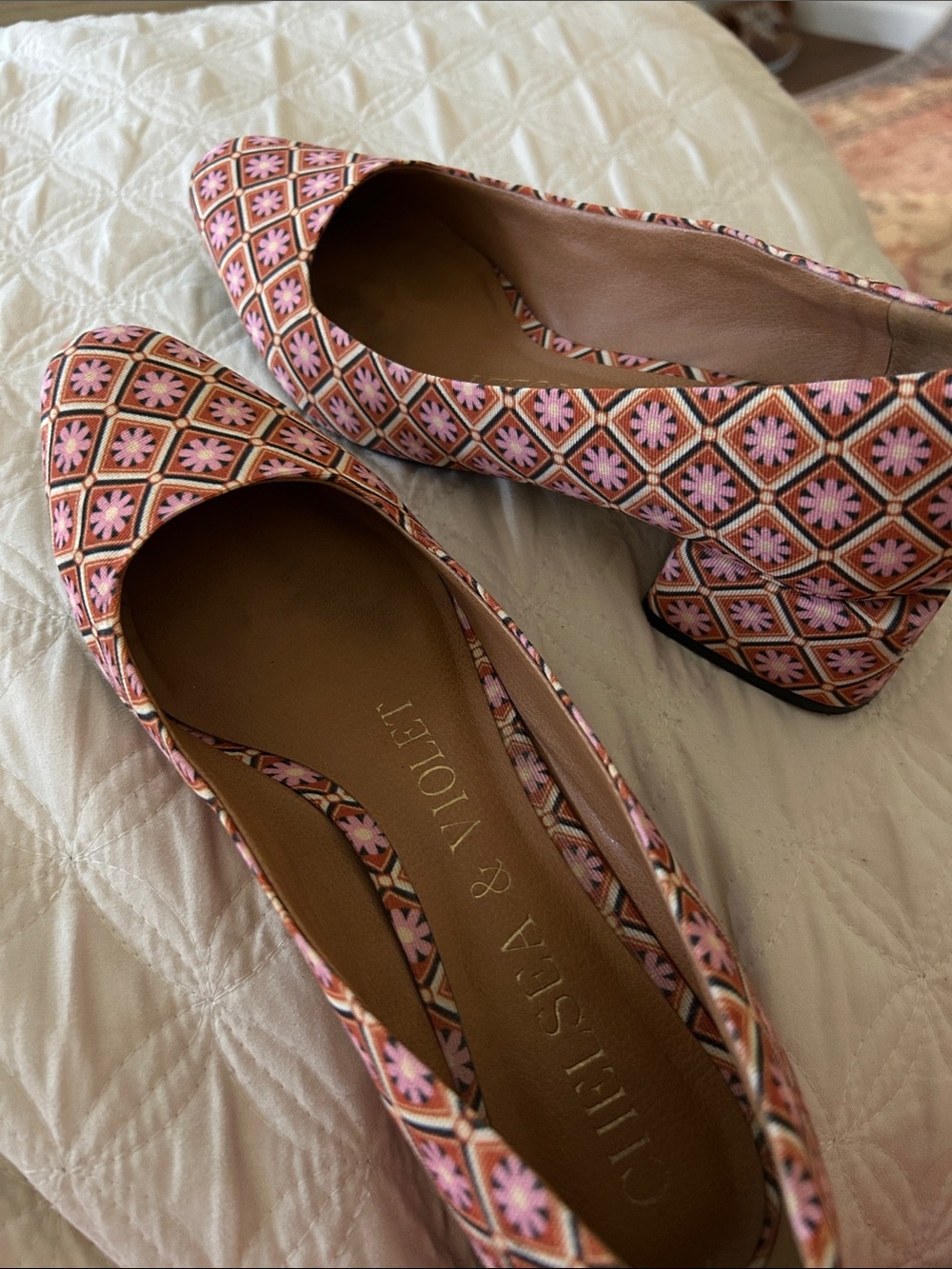 Chelsea & Violet Pink and Brown Geometric Floral Pointed Flats